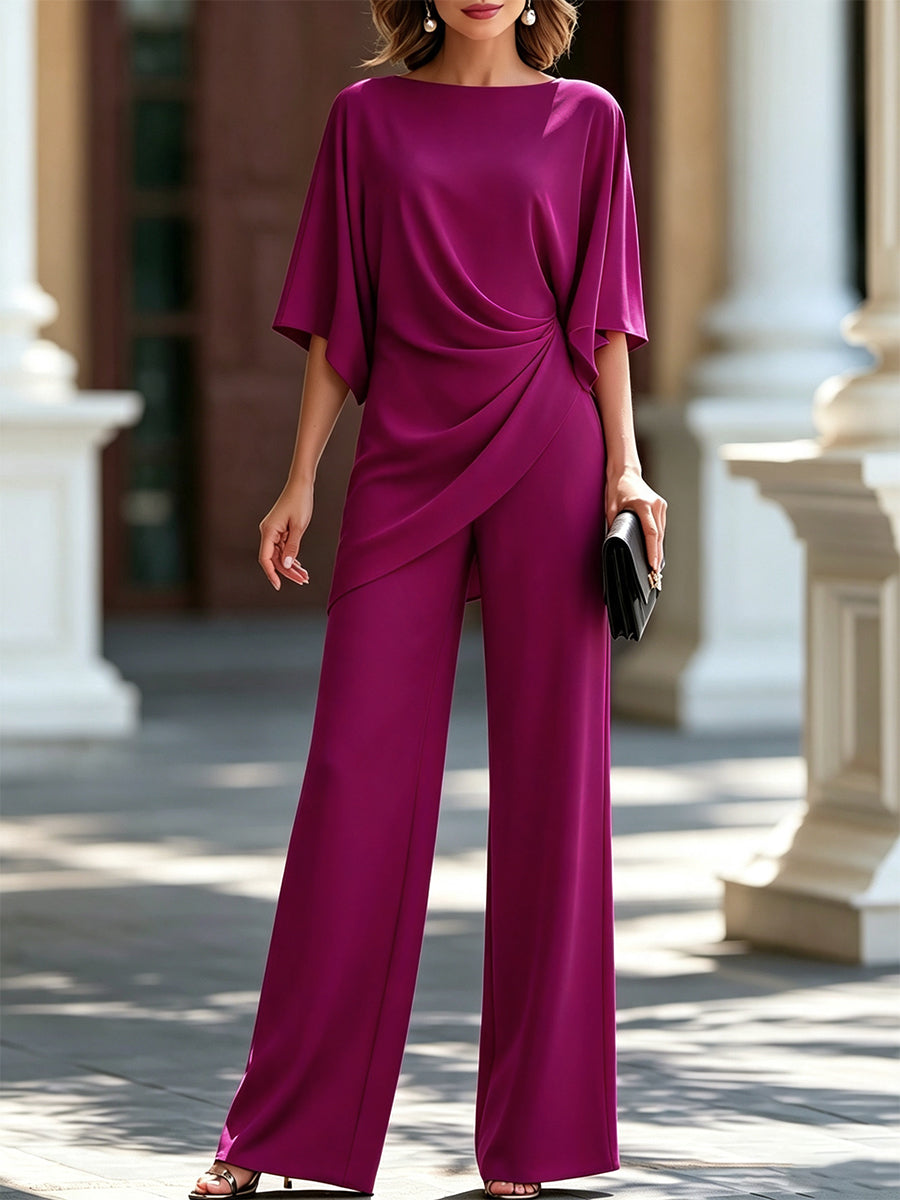 Draped Waist Cape Sleeve Set - Fuchsia