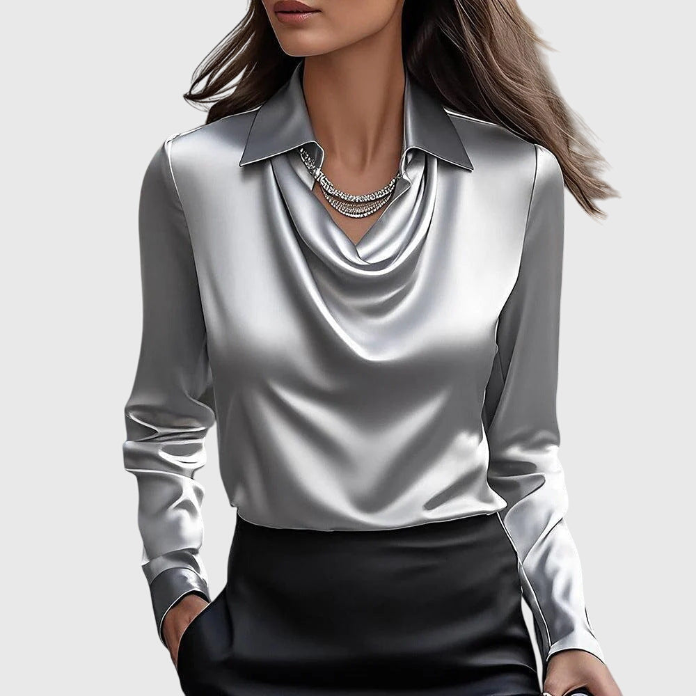 Women's Pleated Neckline Blouse with Flowing Draped Fit – Silver