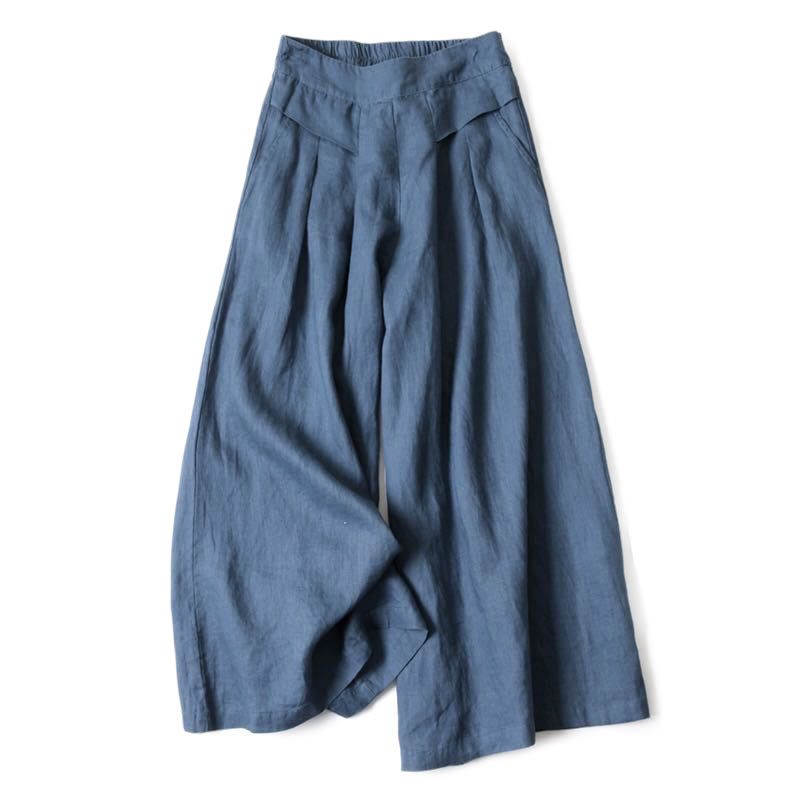 Women's Cotton Linen High Waisted Wide Leg Trousers with Pockets – Steel Blue