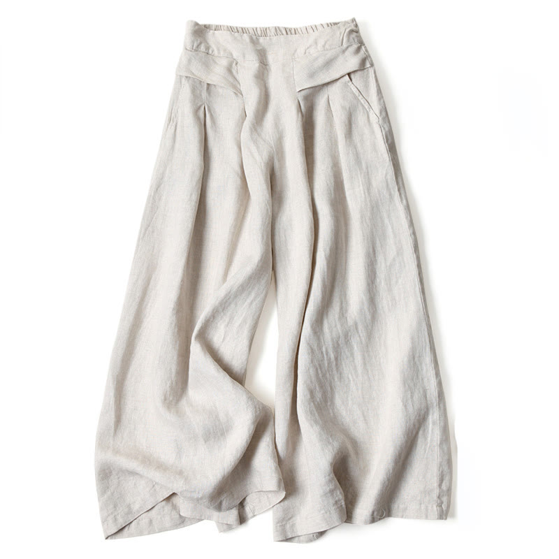 Women's Cotton Linen High Waisted Wide Leg Trousers with Pockets – Beige