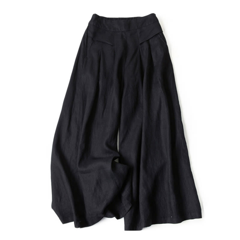 Women's Cotton Linen High Waisted Wide Leg Trousers with Pockets – Black
