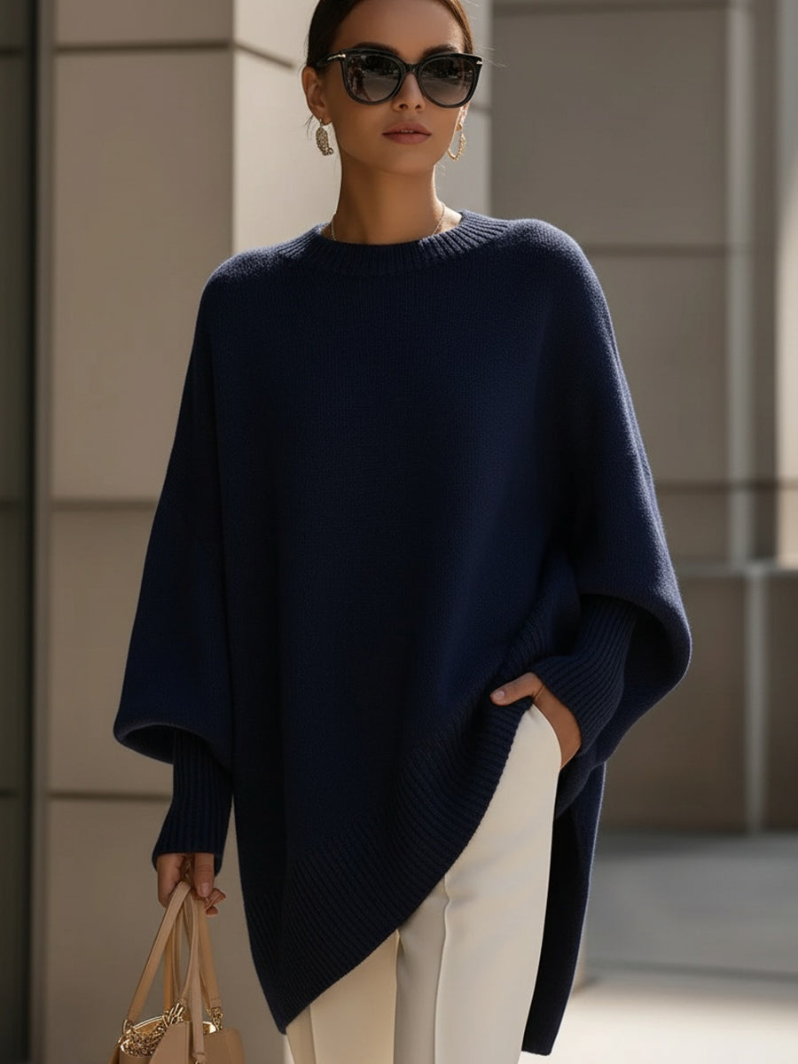 Oversized Knit Poncho Jumper - Navy Blue