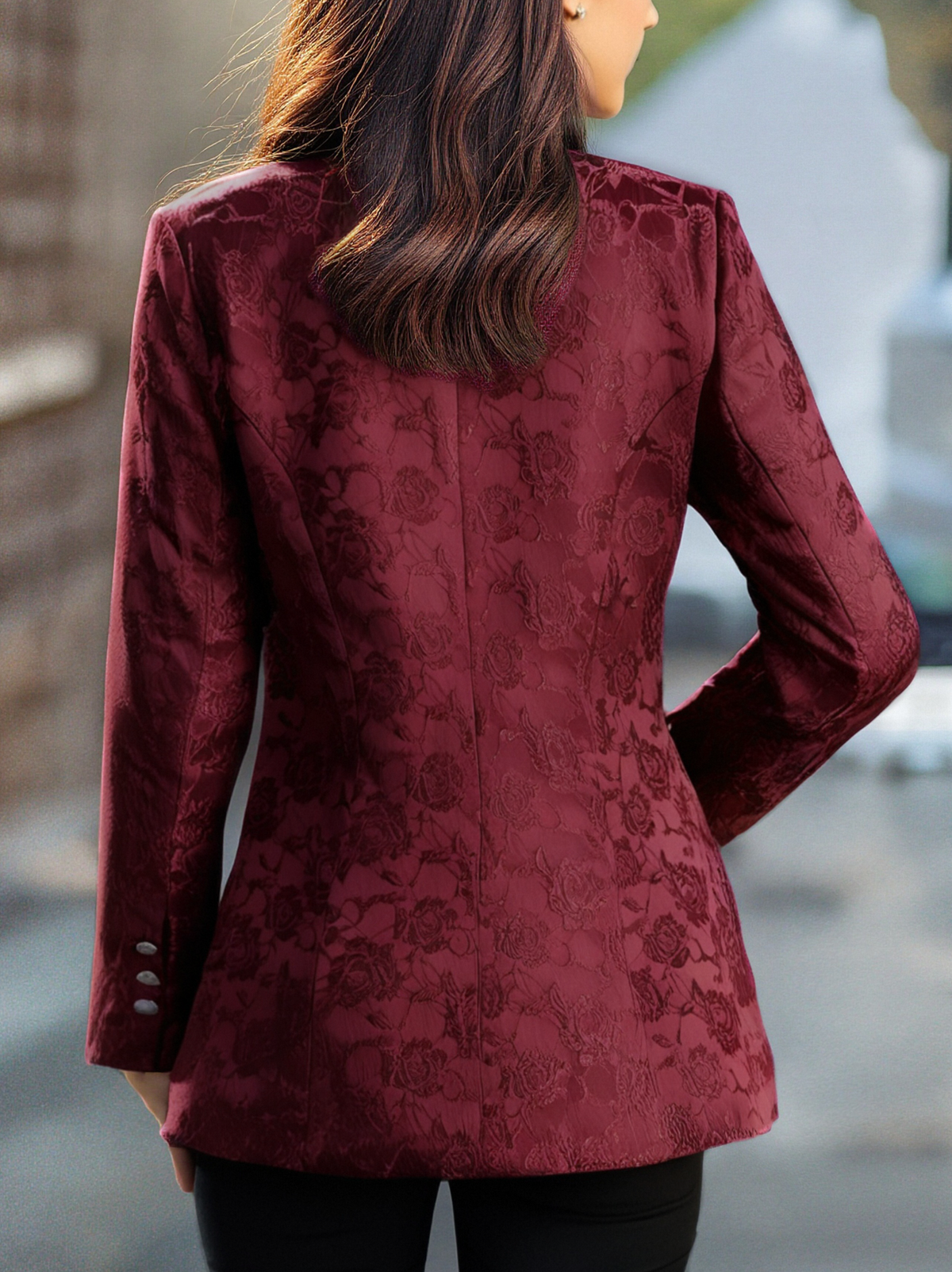 Women's Burgundy Floral Jacquard Single-Breasted Blazer