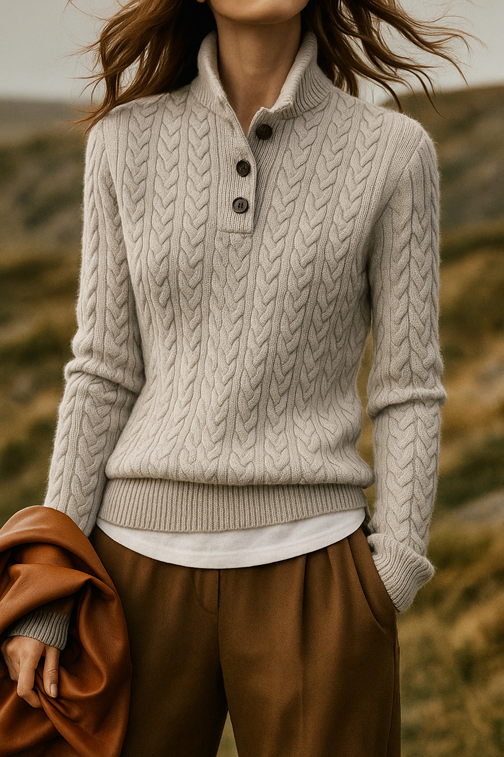Women's Cable Knit Jumper with Button Neck – Grey