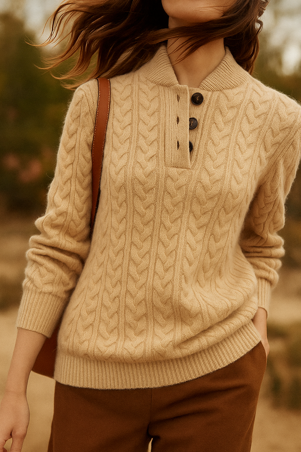 Women's Cable Knit Jumper with Button Neck – Khaki