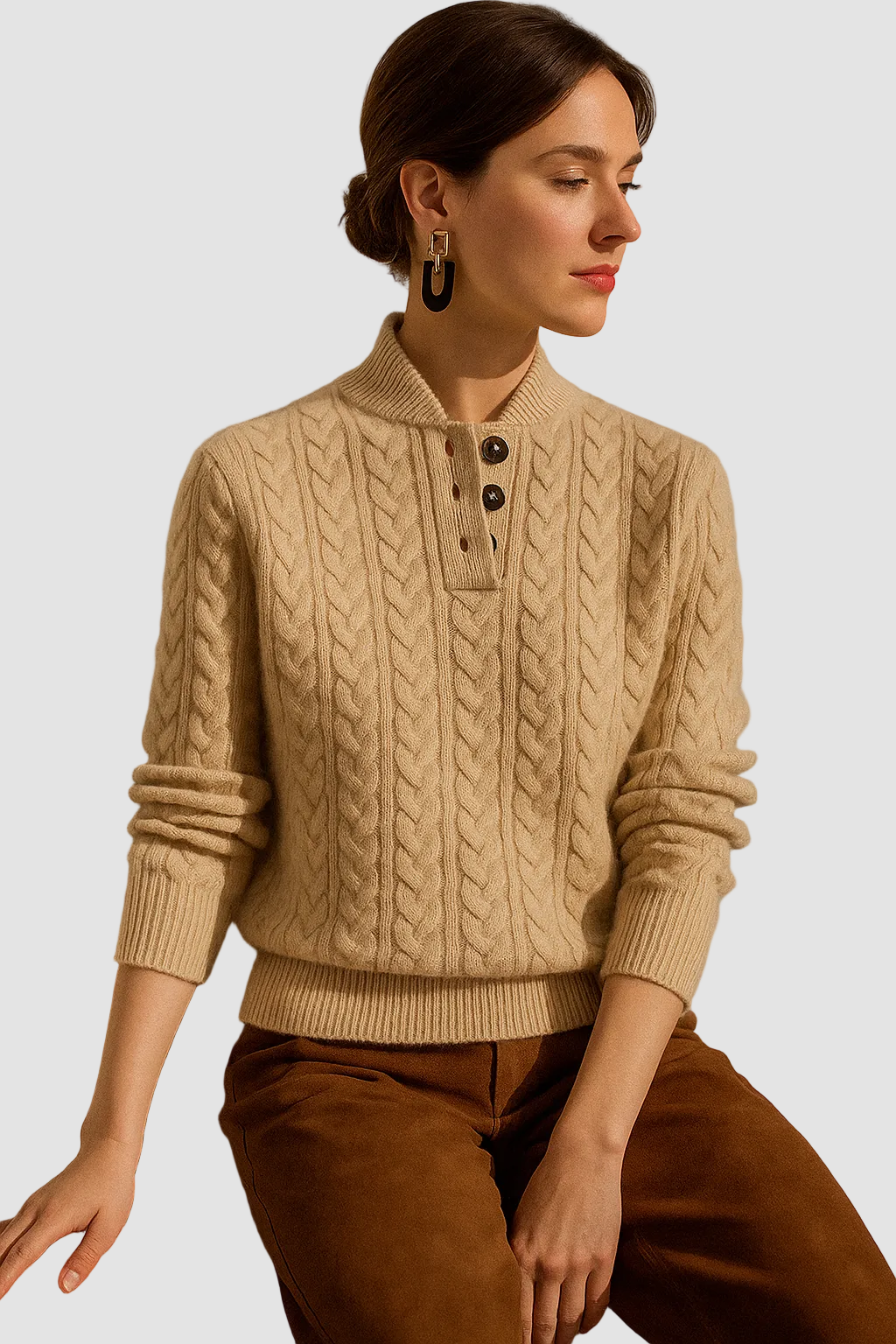 Women's Cable Knit Jumper with Button Neck