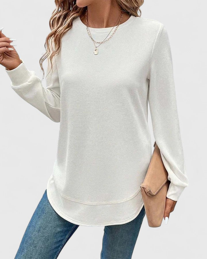 Women's Waffle Knit Crew Neck Top with Long Sleeves