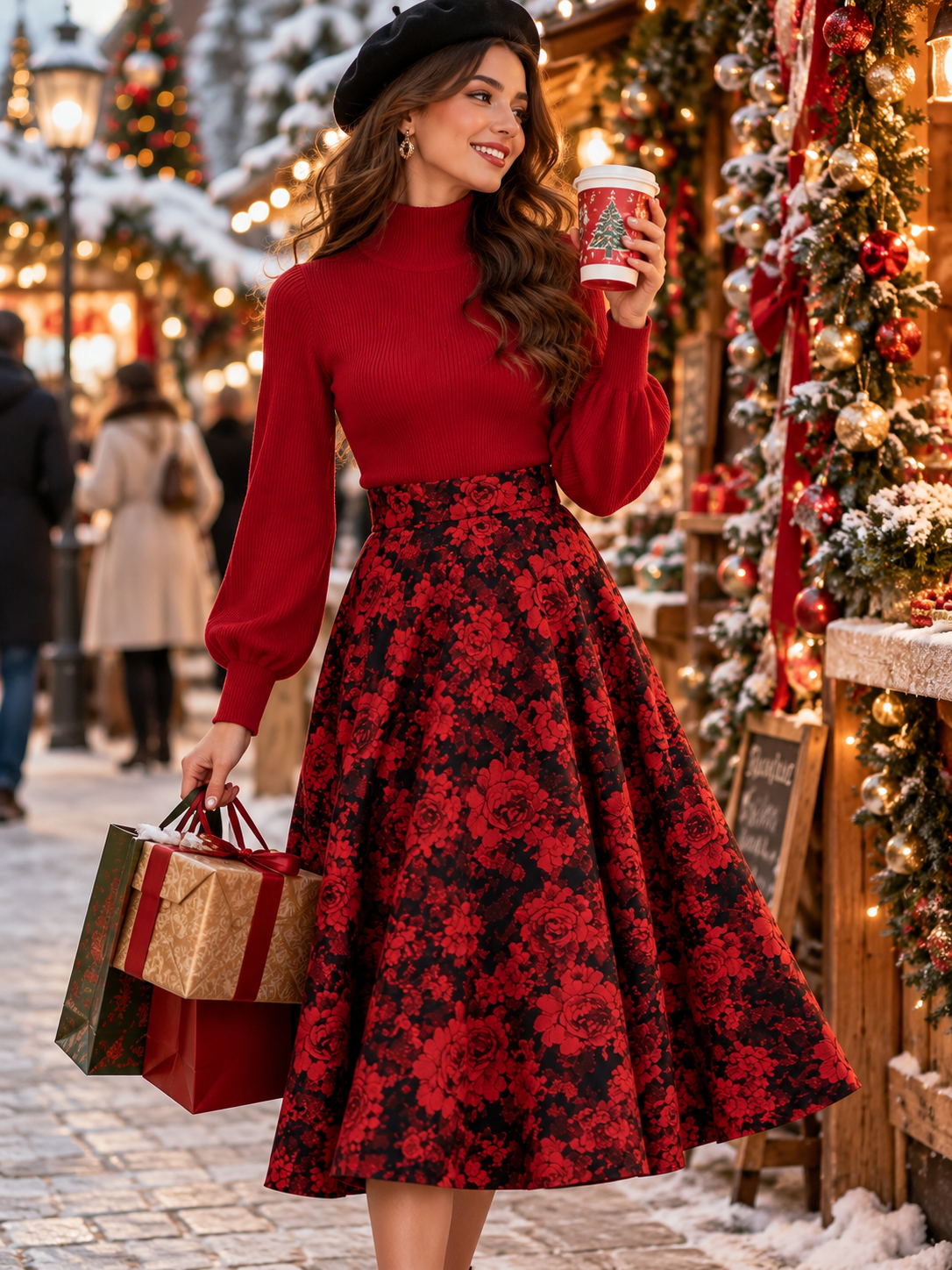 Mock Neck Knit Top and Floral Jacquard Midi Skirt Set