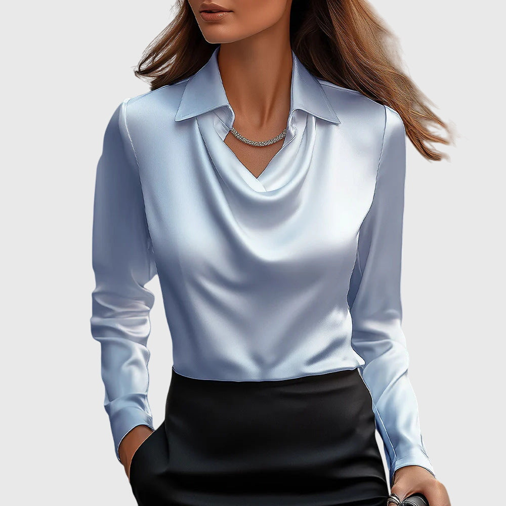 Women's Pleated Neckline Blouse with Flowing Draped Fit – Light Blue