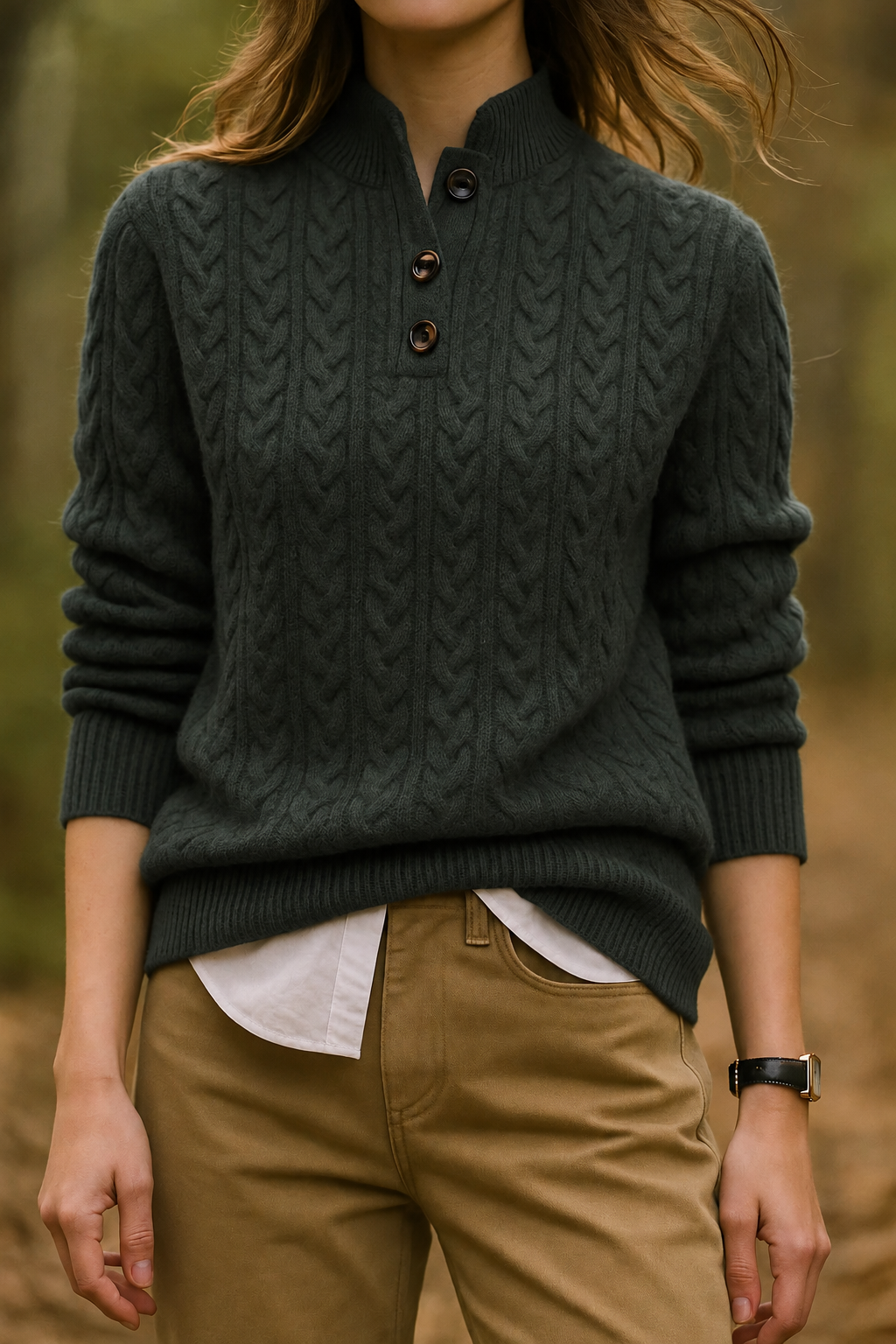 Women's Cable Knit Jumper with Button Neck – Olive Green