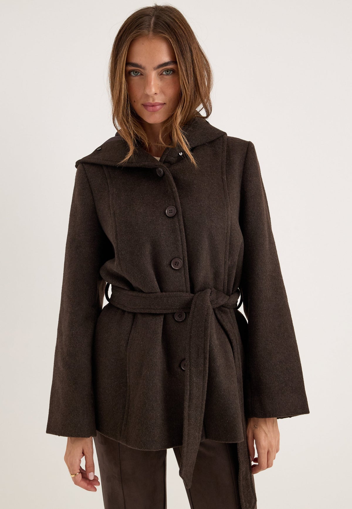 Women's Hooded Wool Blend Coat with Belt – Dark Brown 8