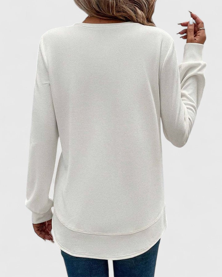 Women's Waffle Knit Crew Neck Top with Long Sleeves