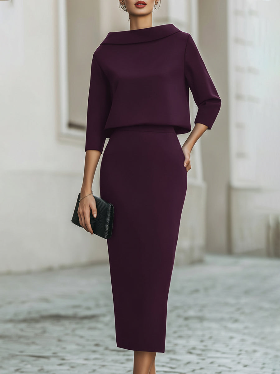 Boat Neck Top and Midi Skirt Set - Purple