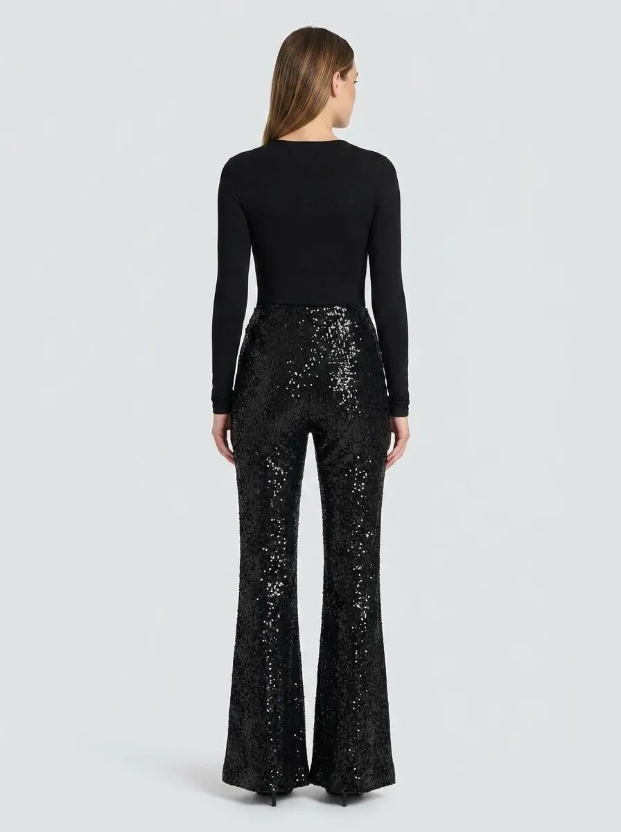 Women's Sequin Flare Trousers with Elastic Waist