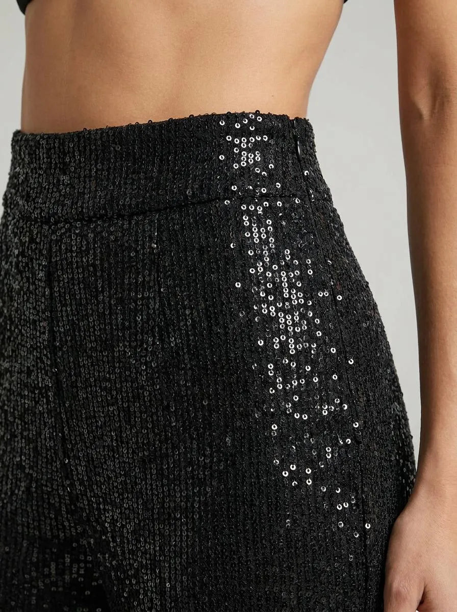 Women's Sequin Flare Trousers with Elastic Waist