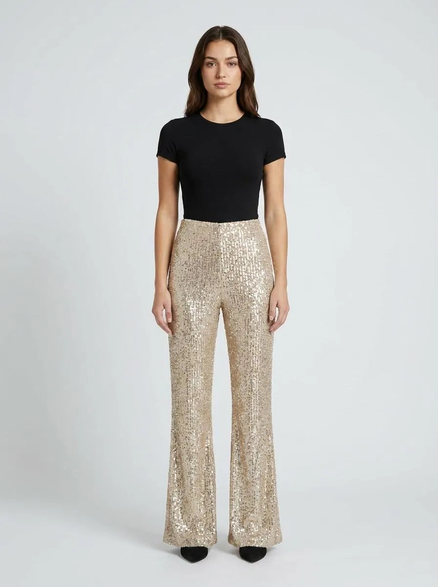Women's Sequin Flare Trousers with Elastic Waist – Champagne