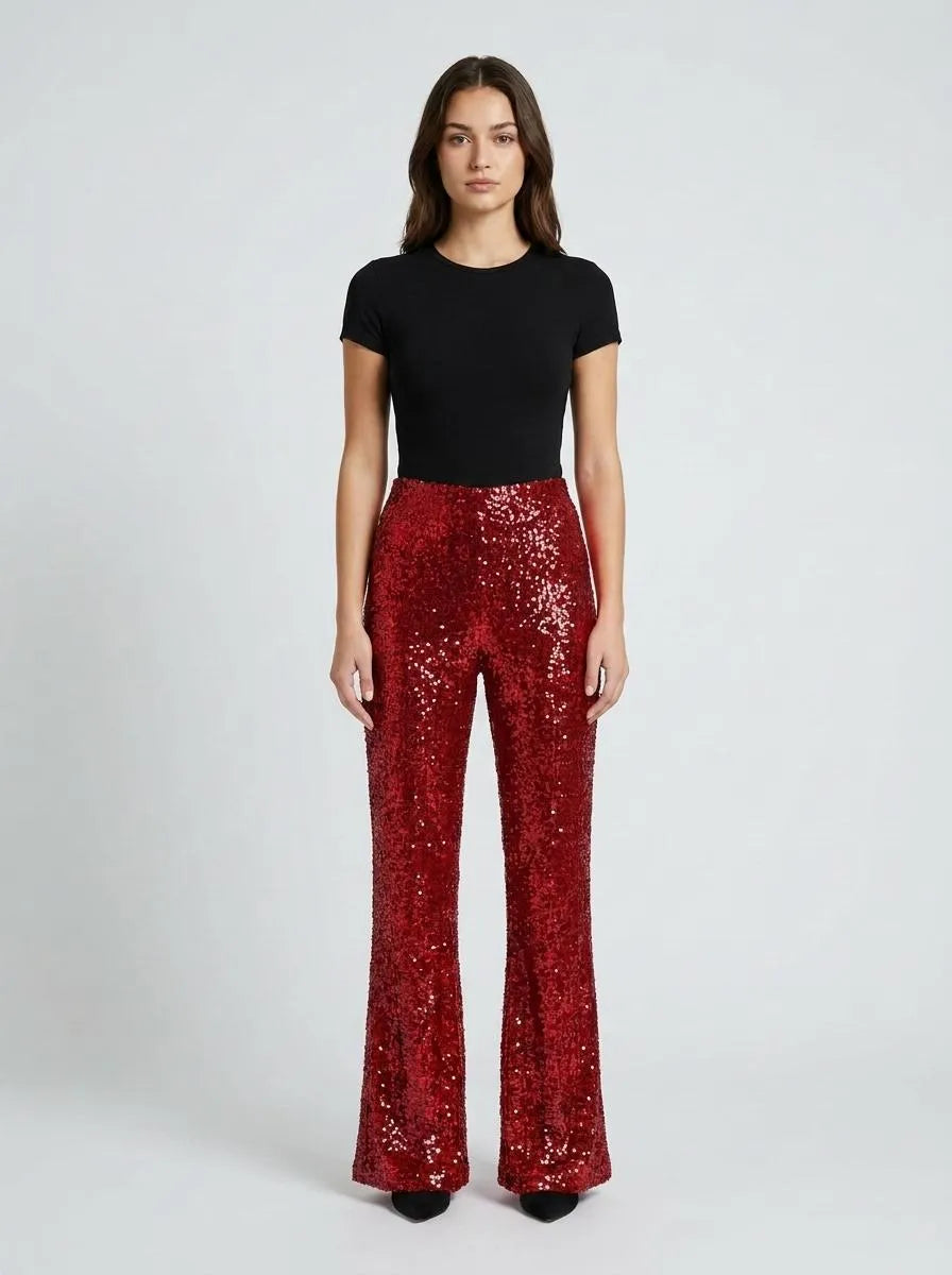 Women's Sequin Flare Trousers with Elastic Waist – Red