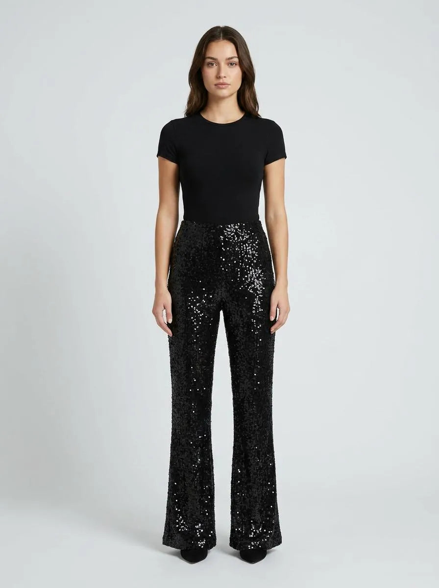 Women's Sequin Flare Trousers with Elastic Waist – Black
