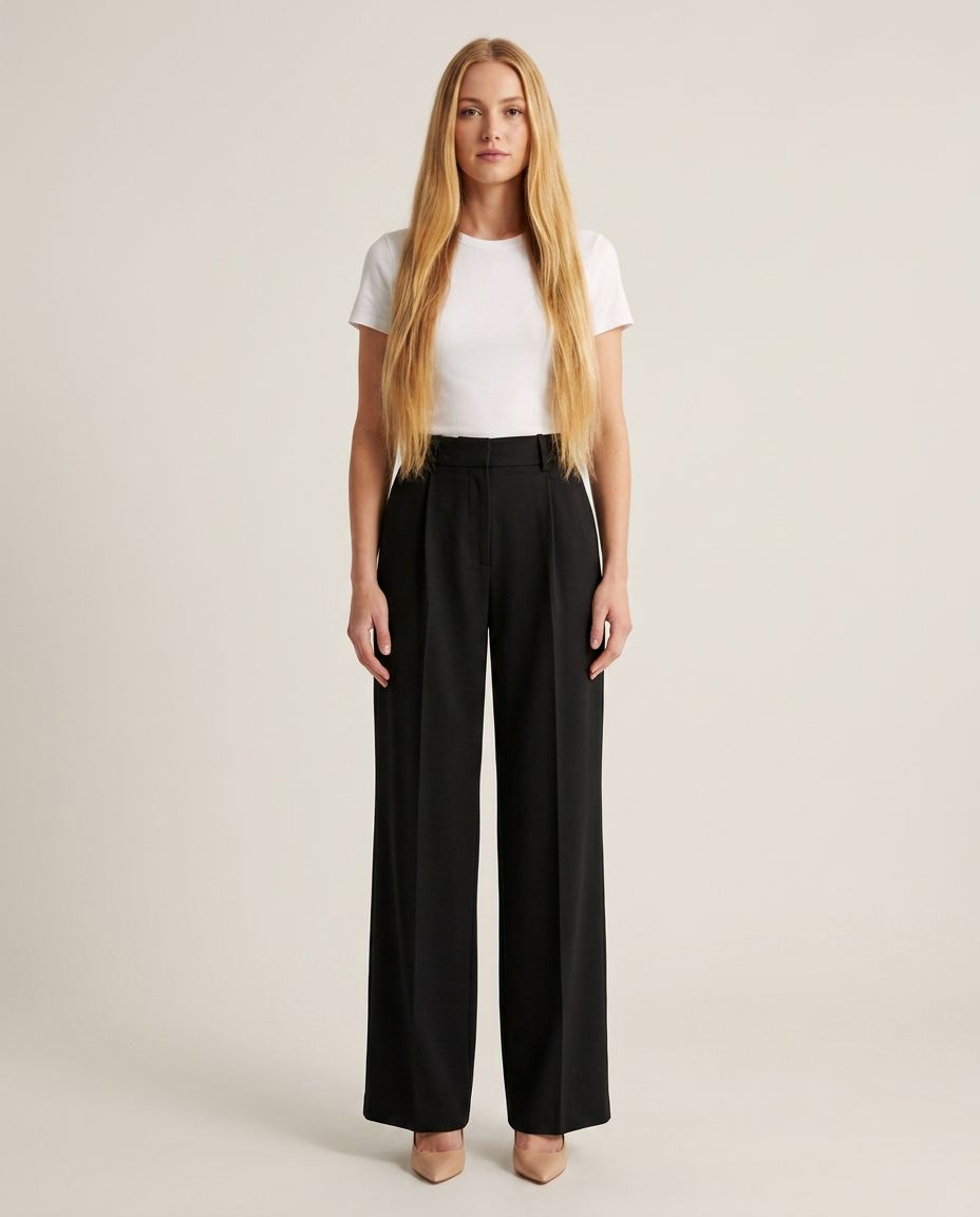 Women's High Waisted Wide Leg Trousers with Pleats – Black