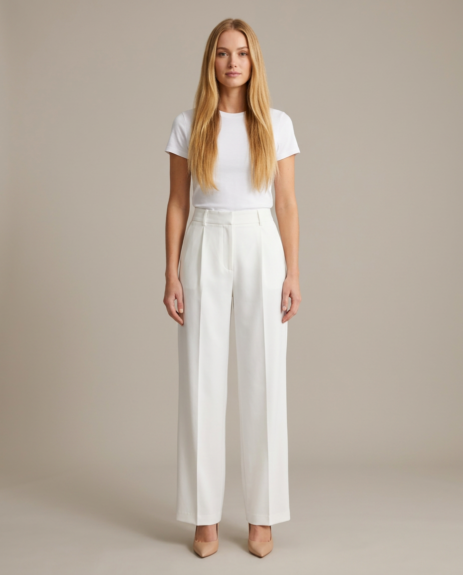 Women's High Waisted Wide Leg Trousers with Pleats – White