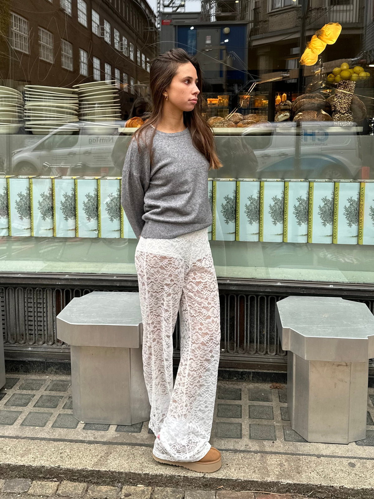 Women's High Waisted Lace Flare Trousers – White
