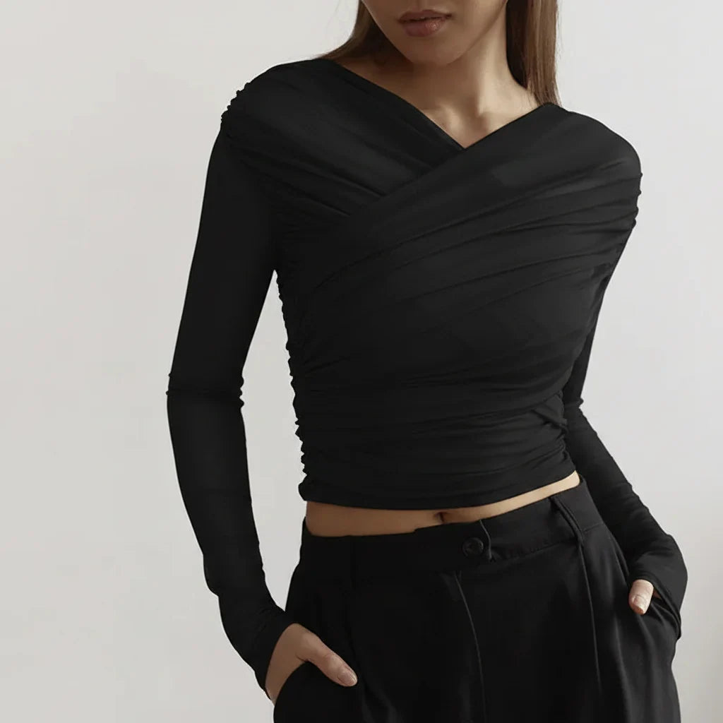 Women's Fitted Ruched Top with Long Sleeves – Black