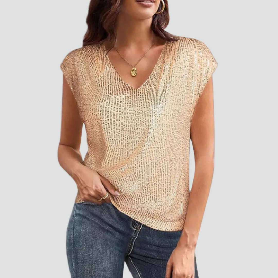 Women's Sequin V-Neck Top with Short Sleeves – Gold