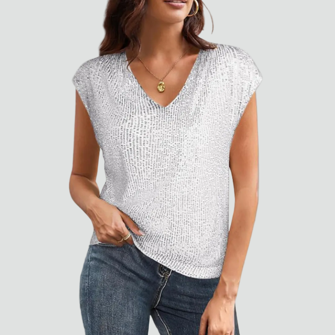 Women's Sequin V-Neck Top with Short Sleeves – White