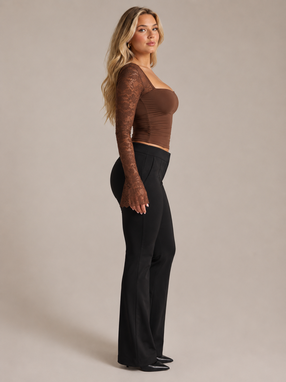 Women's Square Neck Top with Lace Flared Sleeves