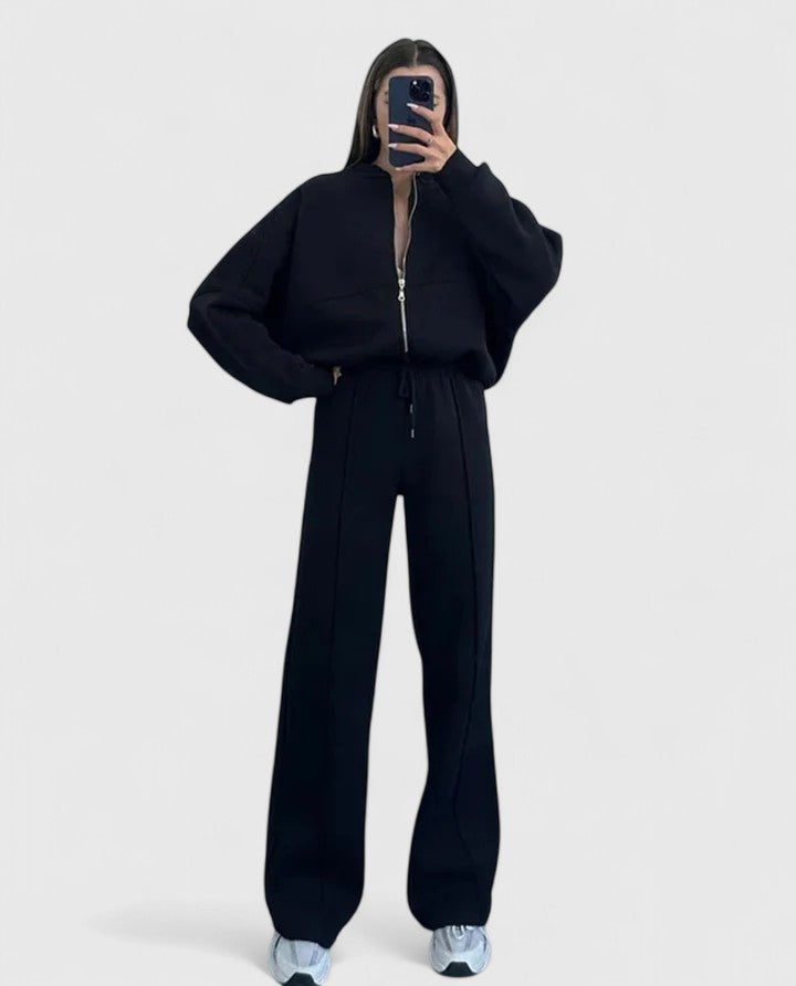 Relaxed Half-Zip Two-Piece Set - Black