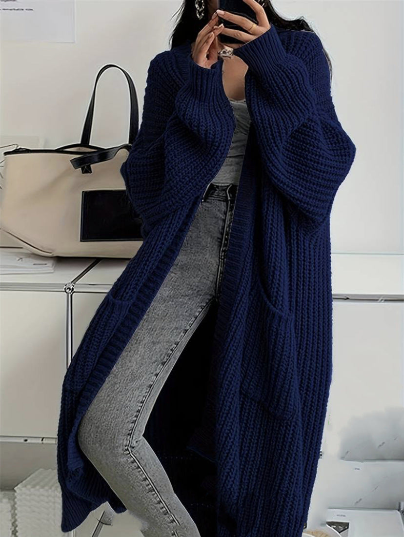 Women's Long Knitted Cardigan with Pockets – Navy
