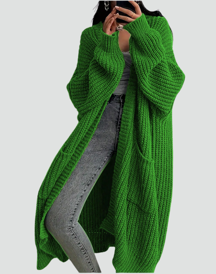 Women's Long Knitted Cardigan with Pockets – Army Green