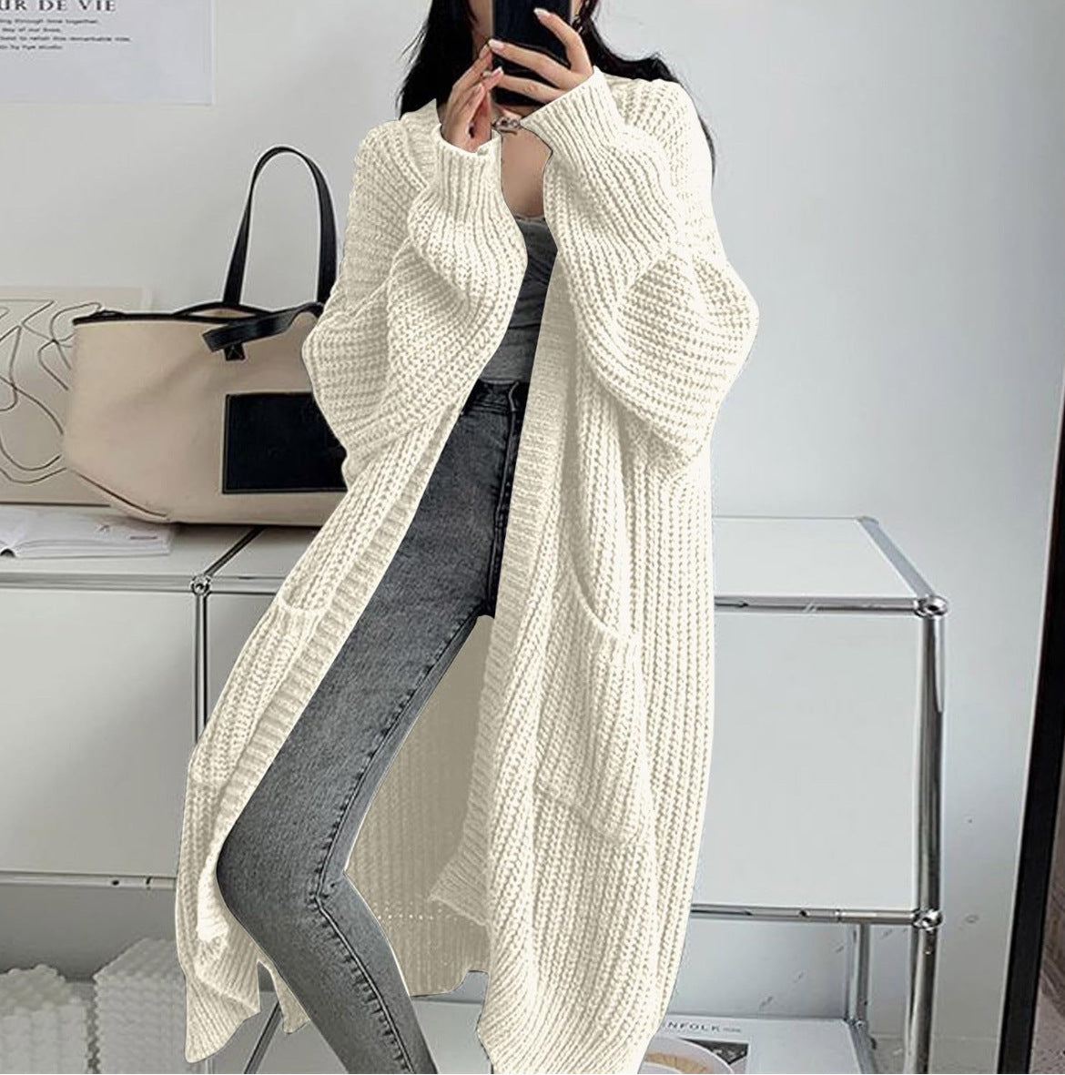Women's Long Knitted Cardigan with Pockets – White
