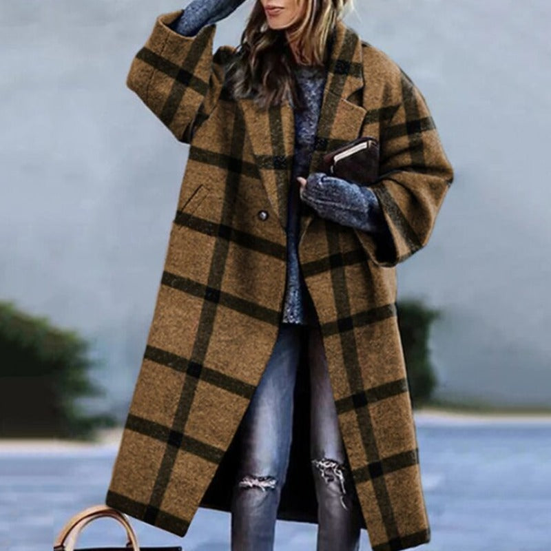 Long Oversized Padded Plaid Coat - Khaki Plaid