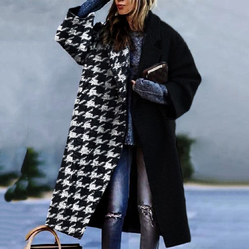 Long Oversized Padded Plaid Coat - Black Plaid