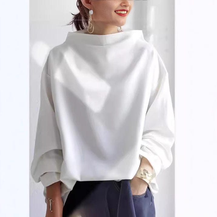 Women's High Neck Relaxed Top with Long Sleeves – White
