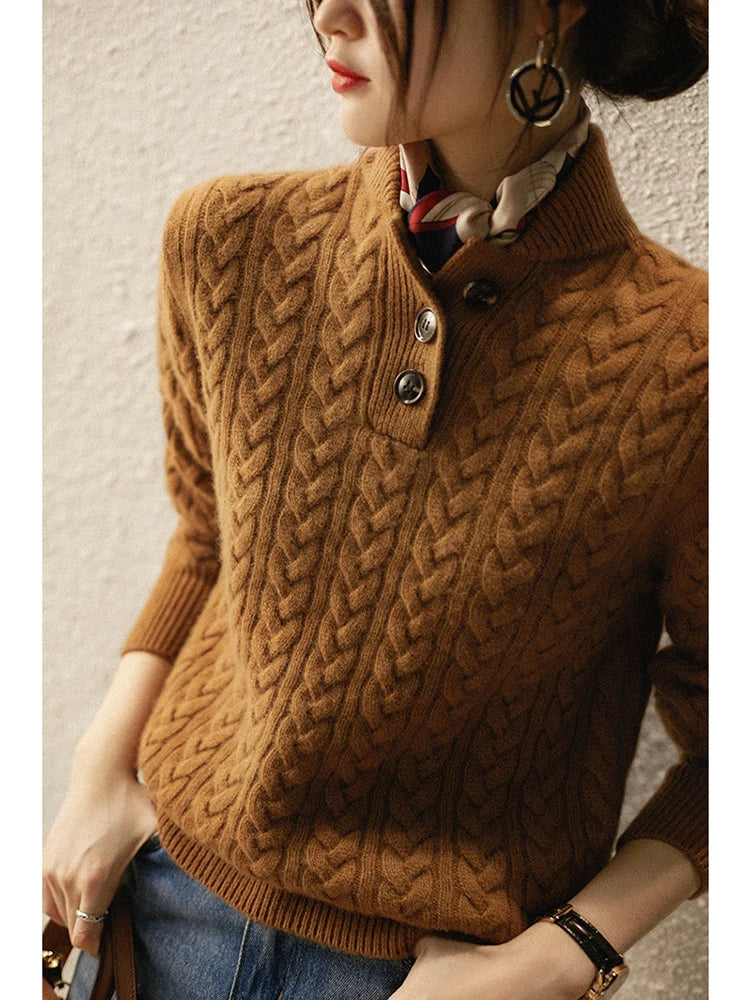 Women's Cable Knit Jumper with Button Neck