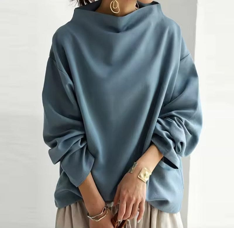 Women's High Neck Relaxed Top with Long Sleeves – Blue