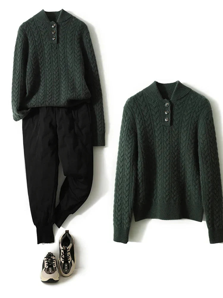 Women's Cable Knit Jumper with Button Neck