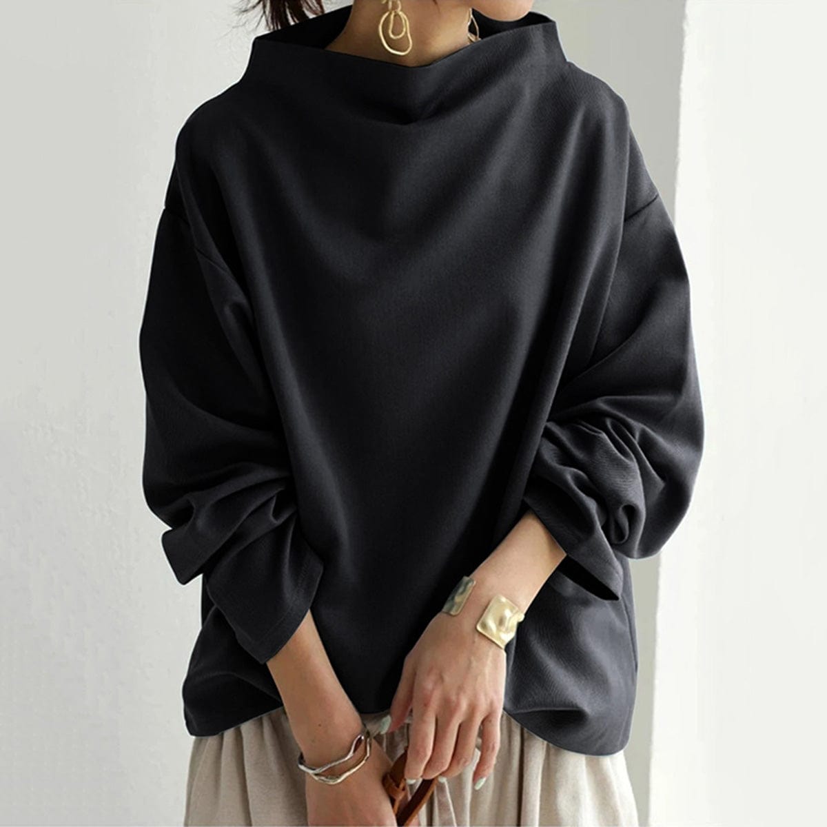 Women's High Neck Relaxed Top with Long Sleeves