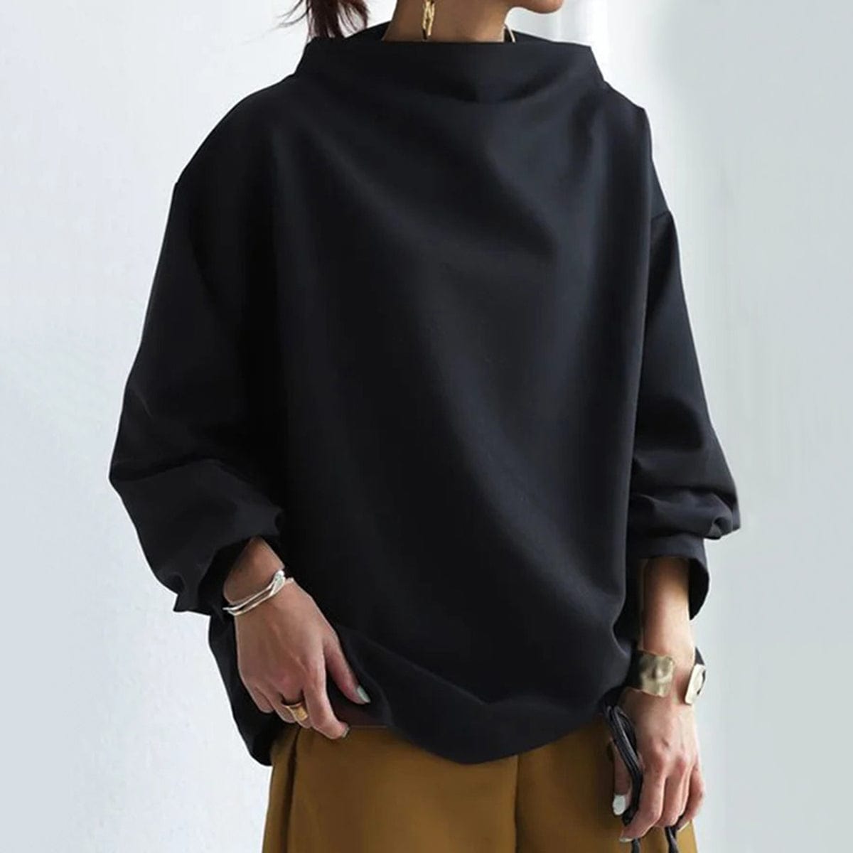 Women's High Neck Relaxed Top with Long Sleeves