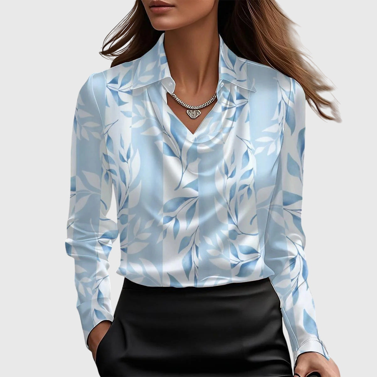 Women's Pleated Neckline Blouse with Flowing Draped Fit – Light Blue Floral