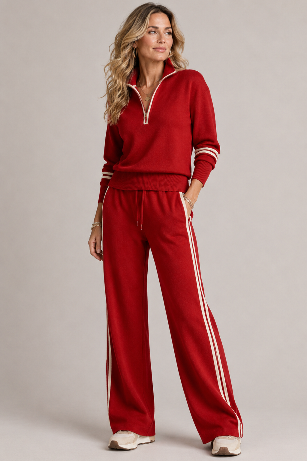 Half-Zip Sweater Set - Red