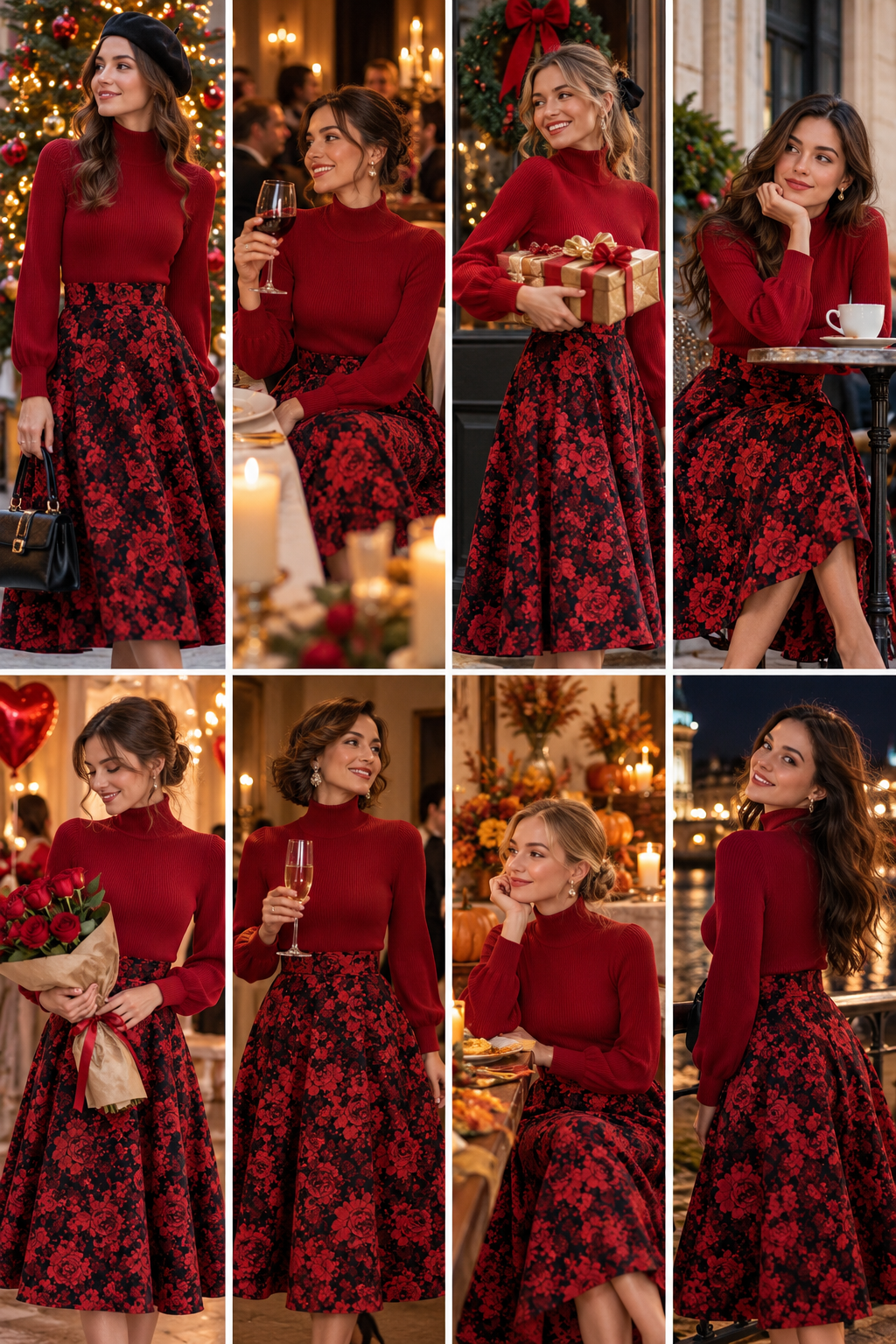 Mock Neck Knit Top and Floral Jacquard Midi Skirt Set