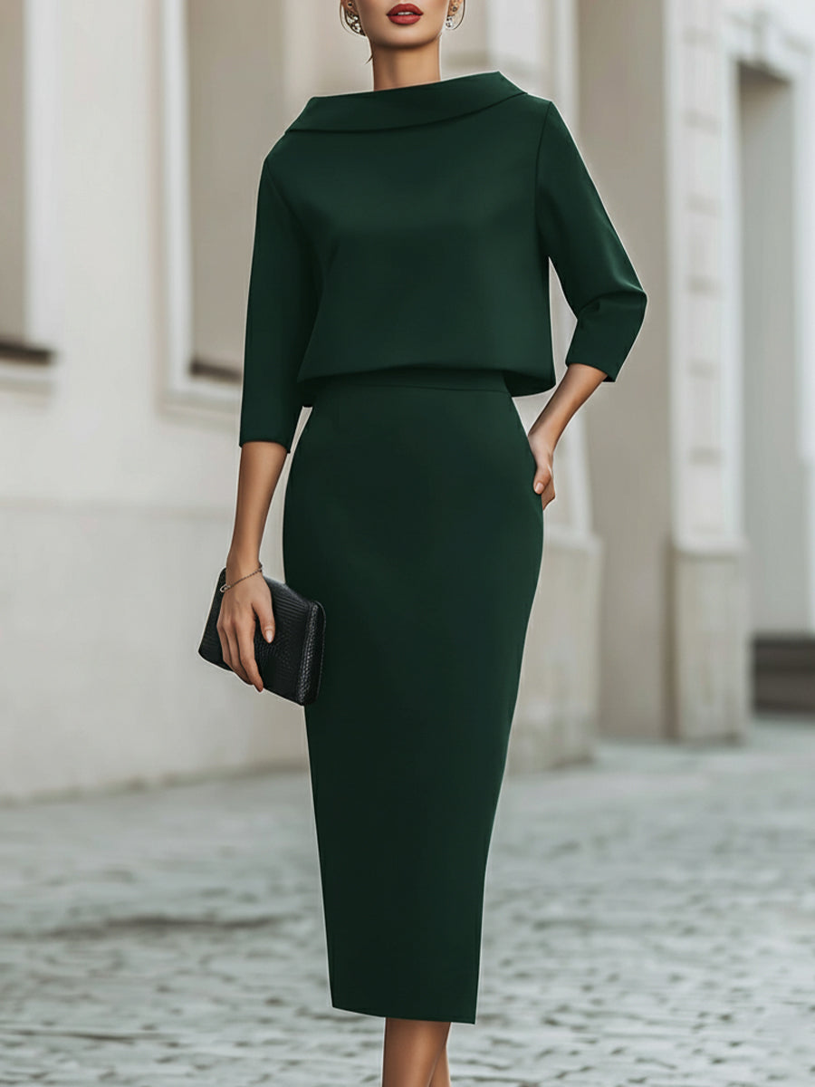 Boat Neck Top and Midi Skirt Set - Emerald Green