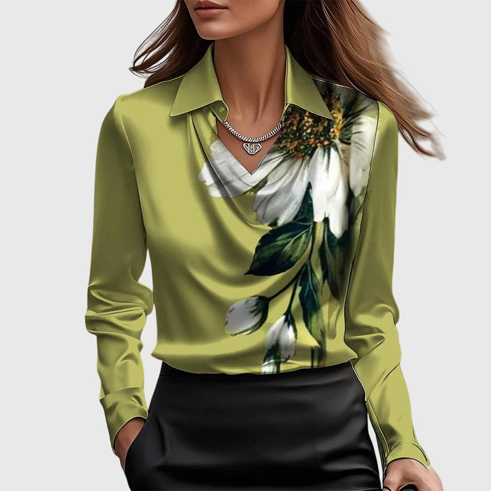 Women's Pleated Neckline Blouse with Flowing Draped Fit – Green