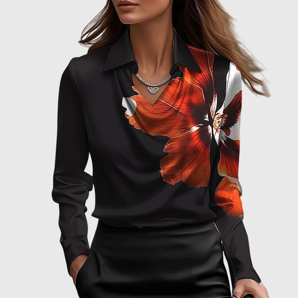 Women's Pleated Neckline Blouse with Flowing Draped Fit – Black Red