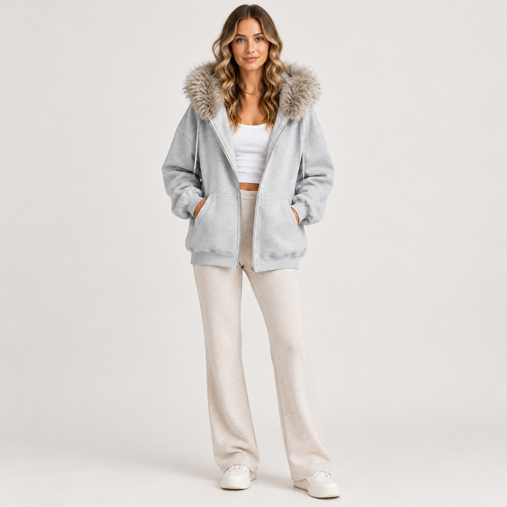 Women's Oversized Zip Hoodie with Faux Fur Trim Hood