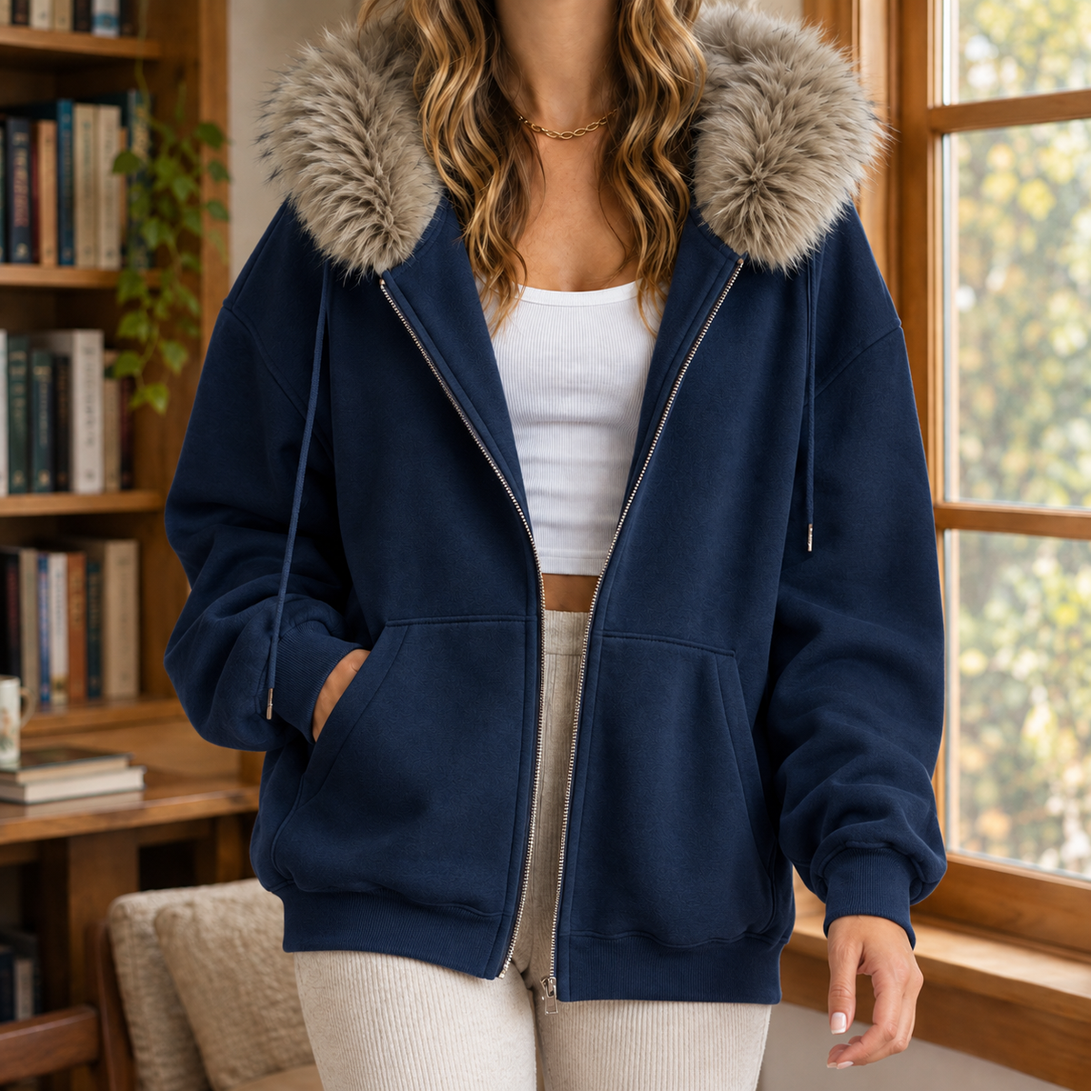 Women's Oversized Zip Hoodie with Faux Fur Trim Hood – Navy