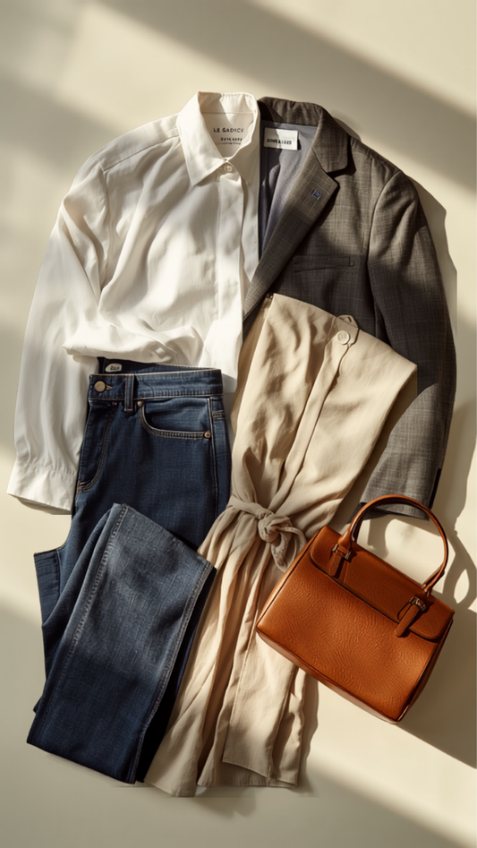 Five timeless wardrobe essentials laid out flat